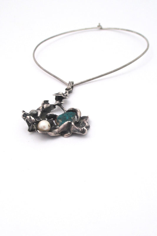 vintage large brutalist silver pearl malachite mid century pendant necklace