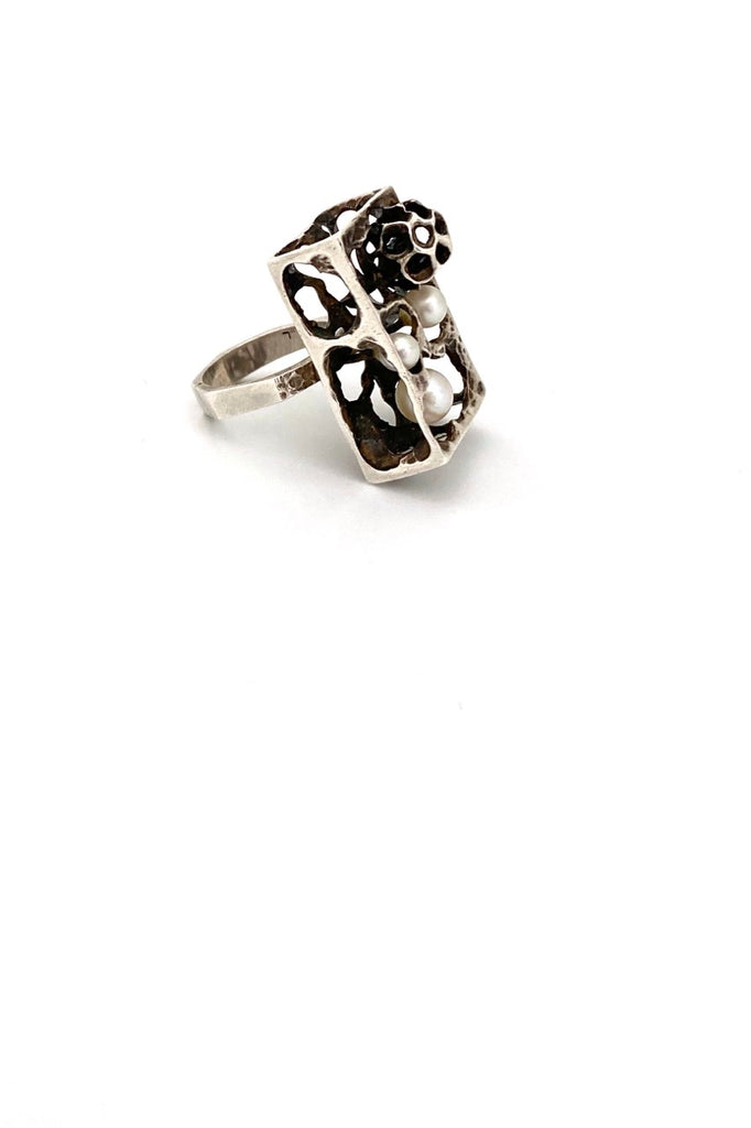 vintage silver pearl large brutalist openwork ring Modernist design jewelry