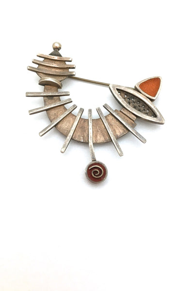 vintage silver matte orange enamel constructivist brooch vintage Modernist jewelry design