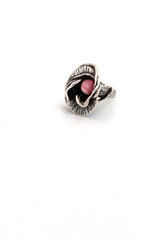 vintage sterling silver rhodochrosite brutalist ring Modernist jewelry design