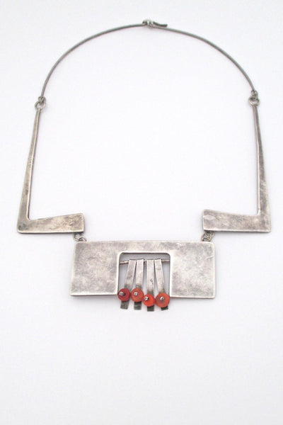 vintage modernist silver studio made large bib necklace with coral 