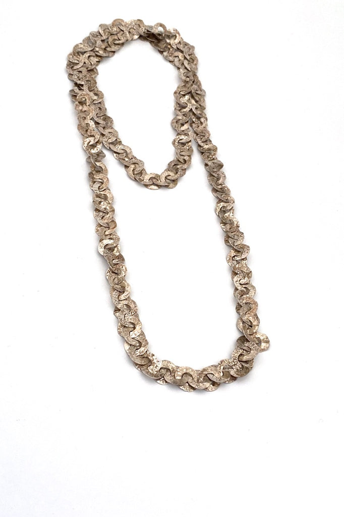vintage textured silver long round link chain necklace